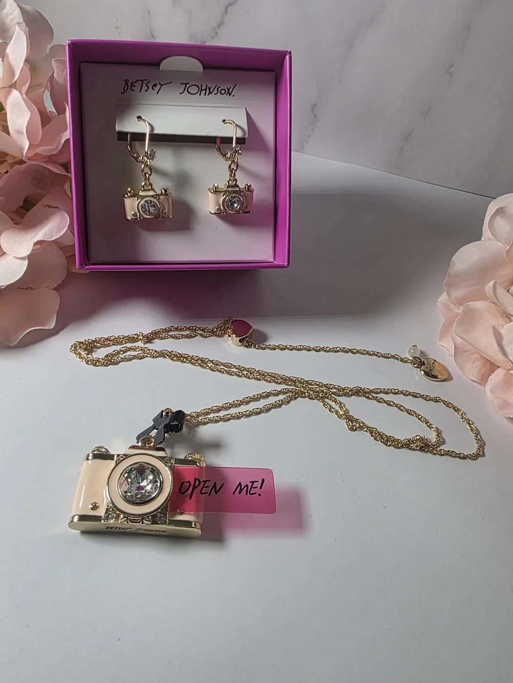Betsey Johnson - Pink Camera Earrings & Necklace Set